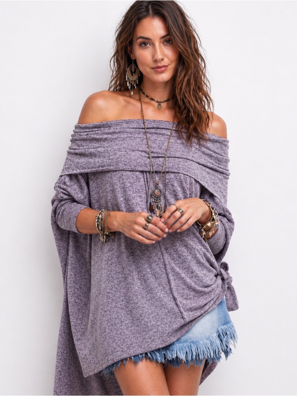 Easel Women's Off-Shoulder Purple Lightweight HACCI Oversized Top In Size Small